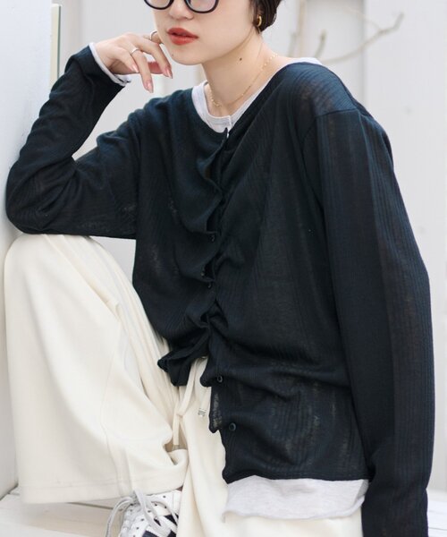 CIAOPANIC TYPY（チャオパニックティピー）の「【冷房・日焼け対策にも◎】フロントタックレイヤードライクメランジリブシアーカーディガン（カーディガン/ボレロ・レディース・ブラック/ベージュ/グレー/イエロー・ONE SIZE）」の10枚目の写真