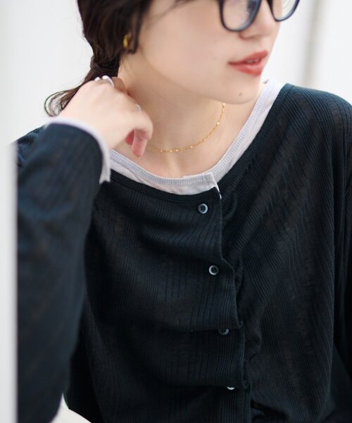 CIAOPANIC TYPY（チャオパニックティピー）の「【冷房・日焼け対策にも◎】フロントタックレイヤードライクメランジリブシアーカーディガン（カーディガン/ボレロ・レディース・ブラック/ベージュ/グレー/イエロー・ONE SIZE）」の11枚目の写真