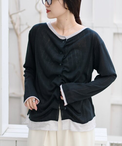 CIAOPANIC TYPY（チャオパニックティピー）の「【冷房・日焼け対策にも◎】フロントタックレイヤードライクメランジリブシアーカーディガン（カーディガン/ボレロ・レディース・ブラック/ベージュ/グレー/イエロー・ONE SIZE）」の12枚目の写真