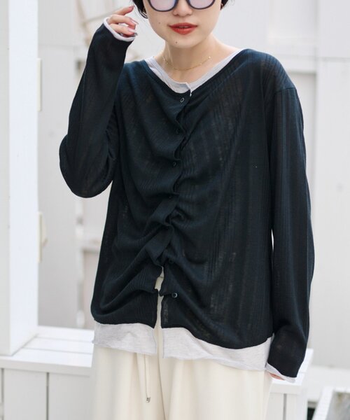 CIAOPANIC TYPY（チャオパニックティピー）の「【冷房・日焼け対策にも◎】フロントタックレイヤードライクメランジリブシアーカーディガン（カーディガン/ボレロ・レディース・ブラック/ベージュ/グレー/イエロー・ONE SIZE）」の13枚目の写真