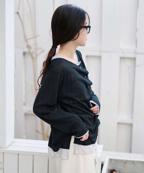 CIAOPANIC TYPY（チャオパニックティピー）の「【冷房・日焼け対策にも◎】フロントタックレイヤードライクメランジリブシアーカーディガン（カーディガン/ボレロ・レディース・ブラック/ベージュ/グレー/イエロー・ONE SIZE）」の14枚目の写真