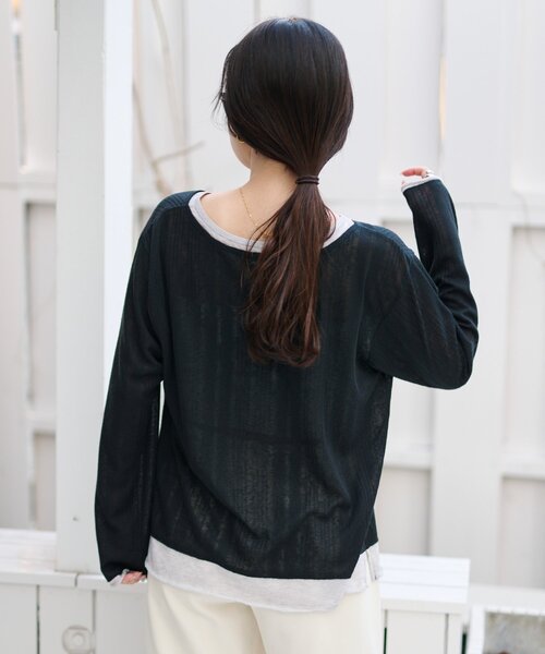 CIAOPANIC TYPY（チャオパニックティピー）の「【冷房・日焼け対策にも◎】フロントタックレイヤードライクメランジリブシアーカーディガン（カーディガン/ボレロ・レディース・ブラック/ベージュ/グレー/イエロー・ONE SIZE）」の15枚目の写真