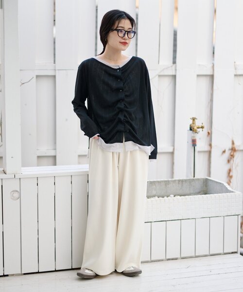 CIAOPANIC TYPY（チャオパニックティピー）の「【冷房・日焼け対策にも◎】フロントタックレイヤードライクメランジリブシアーカーディガン（カーディガン/ボレロ・レディース・ブラック/ベージュ/グレー/イエロー・ONE SIZE）」の16枚目の写真