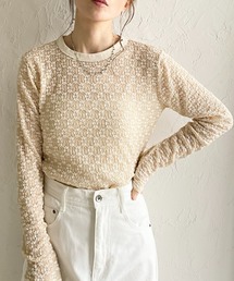 長袖 クルーネック 花柄 レースシアートップス ロングTシャツ