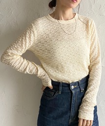 長袖 クルーネック 花柄 レースシアートップス ロングTシャツ