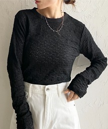 長袖 クルーネック 花柄 レースシアートップス ロングTシャツ