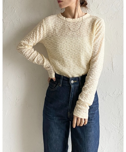 She's Closet(シーズクローゼット)の「長袖 クルーネック 花柄 レースシアートップス ロングTシャツ(Tシャツ/カットソー・レディース・ライトベージュ/ブラック/アイボリー・FREE)」の4枚目の写真