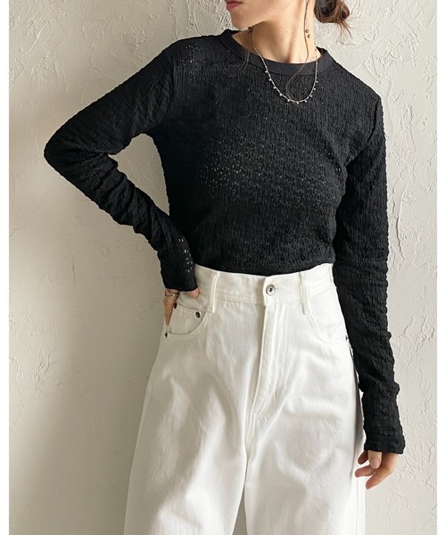 She's Closet(シーズクローゼット)の「長袖 クルーネック 花柄 レースシアートップス ロングTシャツ(Tシャツ/カットソー・レディース・ライトベージュ/ブラック/アイボリー・FREE)」の8枚目の写真