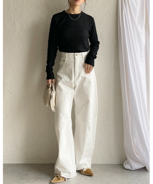She's Closet(シーズクローゼット)の「長袖 クルーネック 花柄 レースシアートップス ロングTシャツ(Tシャツ/カットソー・レディース・ライトベージュ/ブラック/アイボリー・FREE)」の9枚目の写真