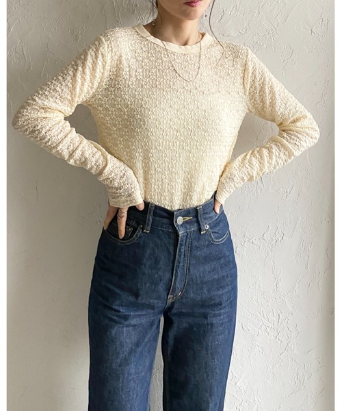 She's Closet(シーズクローゼット)の「長袖 クルーネック 花柄 レースシアートップス ロングTシャツ(Tシャツ/カットソー・レディース・ライトベージュ/ブラック/アイボリー・FREE)」の16枚目の写真