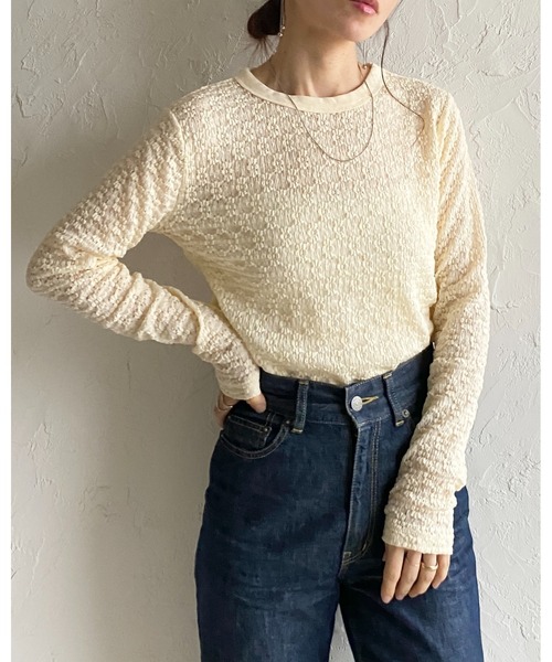 She's Closet(シーズクローゼット)の「長袖 クルーネック 花柄 レースシアートップス ロングTシャツ(Tシャツ/カットソー・レディース・ライトベージュ/ブラック/アイボリー・FREE)」の17枚目の写真