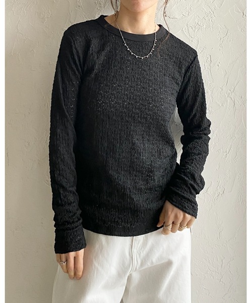 She's Closet(シーズクローゼット)の「長袖 クルーネック 花柄 レースシアートップス ロングTシャツ(Tシャツ/カットソー・レディース・ライトベージュ/ブラック/アイボリー・FREE)」の18枚目の写真