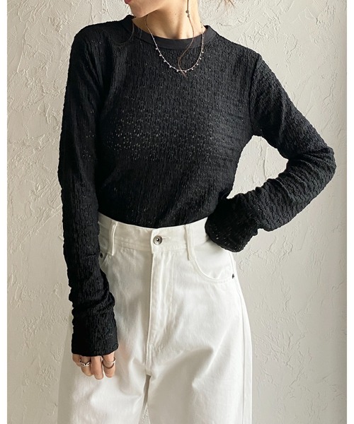 She's Closet(シーズクローゼット)の「長袖 クルーネック 花柄 レースシアートップス ロングTシャツ(Tシャツ/カットソー・レディース・ライトベージュ/ブラック/アイボリー・FREE)」の19枚目の写真