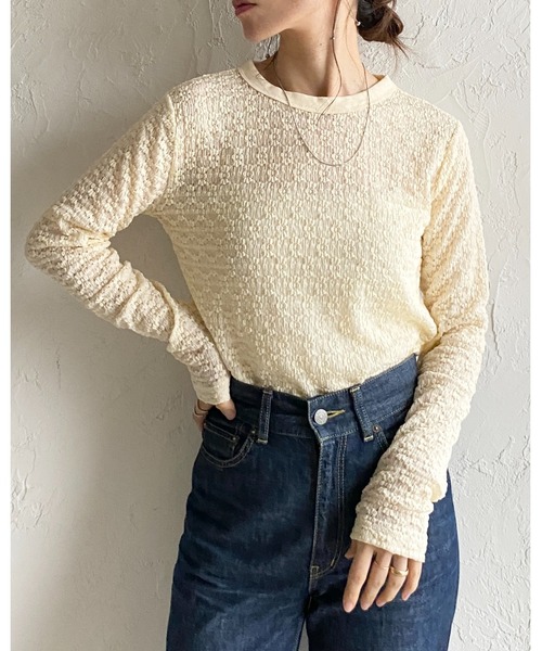 She's Closet(シーズクローゼット)の「長袖 クルーネック 花柄 レースシアートップス ロングTシャツ(Tシャツ/カットソー・レディース・ライトベージュ/ブラック/アイボリー・FREE)」の20枚目の写真