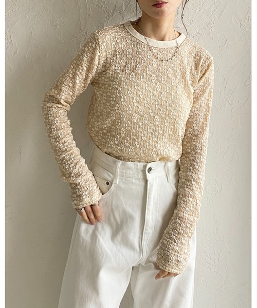 She's Closet(シーズクローゼット)の「長袖 クルーネック 花柄 レースシアートップス ロングTシャツ(Tシャツ/カットソー・レディース・ライトベージュ/ブラック/アイボリー・FREE)」の21枚目の写真