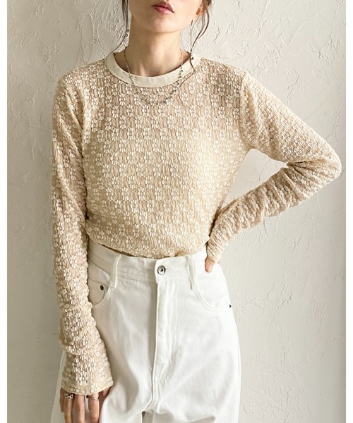 She's Closet(シーズクローゼット)の「長袖 クルーネック 花柄 レースシアートップス ロングTシャツ(Tシャツ/カットソー・レディース・ライトベージュ/ブラック/アイボリー・FREE)」の22枚目の写真