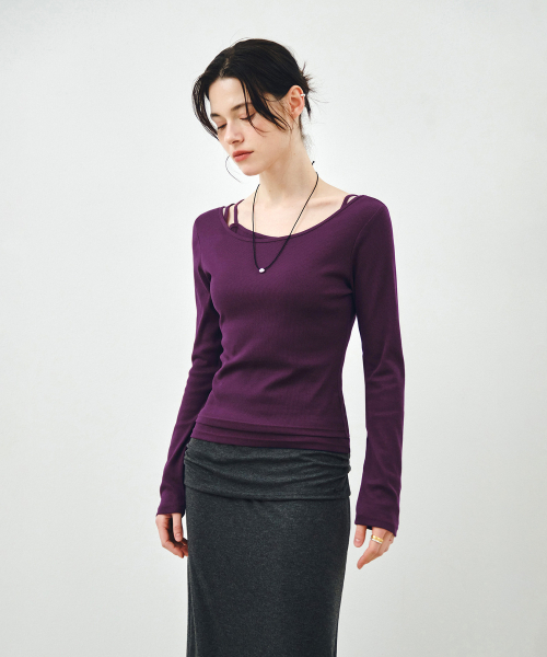 MONGDOL（モンドル）の「[SET] ボートネックレイヤードリブTシャツバイオレット MDTS087VIOLET（Tシャツ/カットソー・レディース・その他・F）」の2枚目の写真