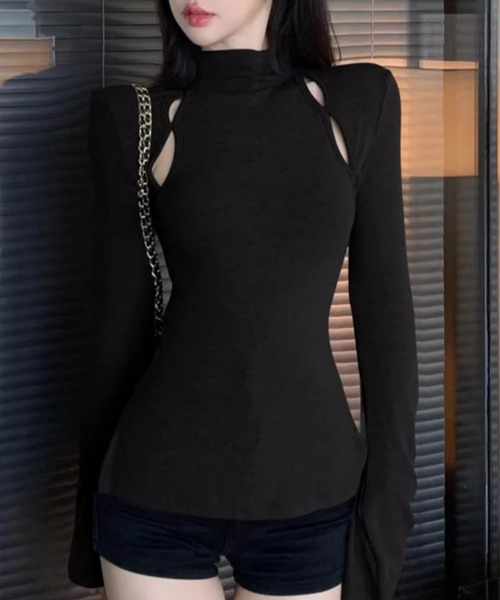 Vipoa（ヴィポア）の「ハイネックアウトカットリブカットソー（Tシャツ/カットソー・レディース・グレー/ブラック・FREE）」の7枚目の写真