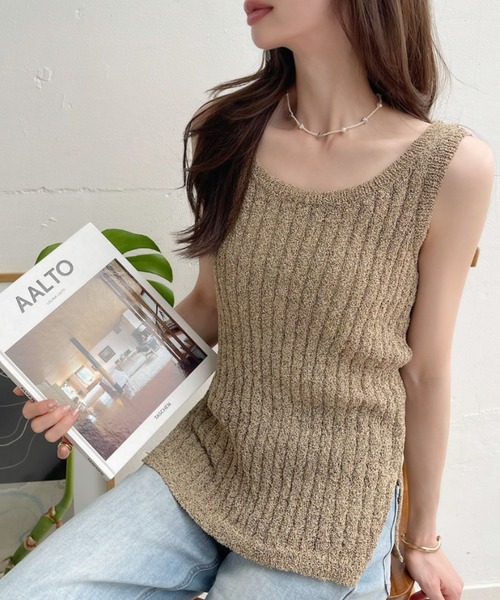 Ada.（エイダ）の「ミックスカラー 表面感 ノースリーブ サマー ニット ◎（ニット/セーター・レディース・ベージュ/グレー/ブラック・FREE）」の4枚目の写真