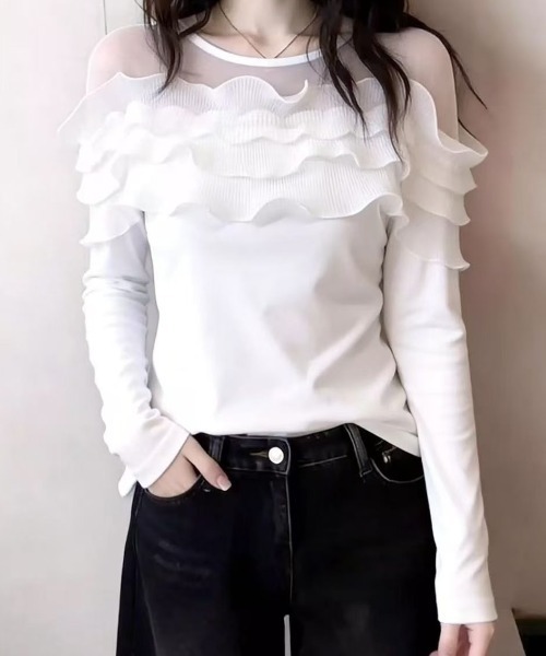 gossip!ロサンゼルス(ゴシップロサンゼルス)の「デコルテフリル ロングスリーブTシャツ(Tシャツ/カットソー・レディース・ホワイト/ブラック・FREE)」の6枚目の写真