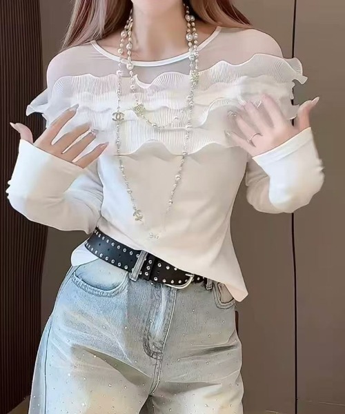gossip!ロサンゼルス(ゴシップロサンゼルス)の「デコルテフリル ロングスリーブTシャツ(Tシャツ/カットソー・レディース・ホワイト/ブラック・FREE)」の9枚目の写真