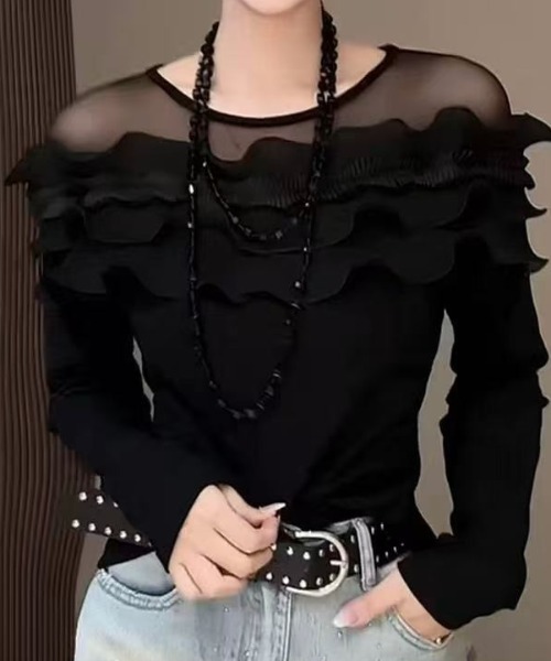 gossip!ロサンゼルス(ゴシップロサンゼルス)の「デコルテフリル ロングスリーブTシャツ(Tシャツ/カットソー・レディース・ホワイト/ブラック・FREE)」の11枚目の写真