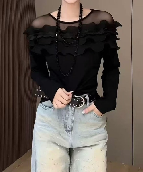 gossip!ロサンゼルス(ゴシップロサンゼルス)の「デコルテフリル ロングスリーブTシャツ(Tシャツ/カットソー・レディース・ホワイト/ブラック・FREE)」の13枚目の写真