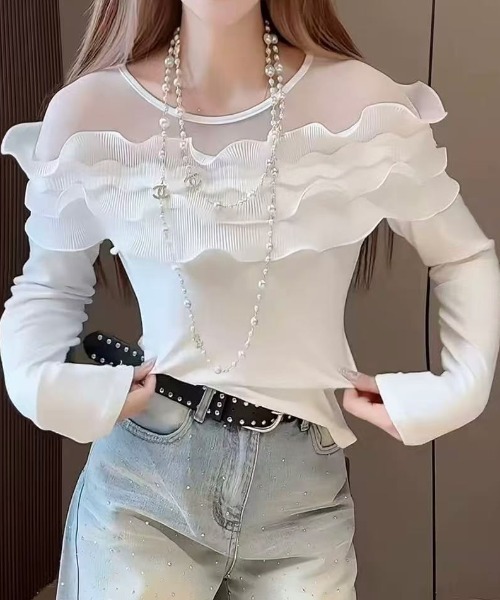 gossip!ロサンゼルス(ゴシップロサンゼルス)の「デコルテフリル ロングスリーブTシャツ(Tシャツ/カットソー・レディース・ホワイト/ブラック・FREE)」の8枚目の写真