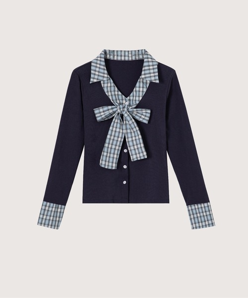 LA POMME petit(ラポミ・プチ)の「Bow Tie Patchwork T Shirt(Tシャツ/カットソー・レディース・ホワイト/ネイビー・FREE)」の2枚目の写真