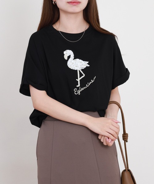 EGLANTINE(エグランティーヌ)の「EGLANTINE フラミンゴスパンコール加工半袖Tシャツ(Tシャツ/カットソー・レディース・オフホワイト/グレイッシュベージュ/ブラック・38)」の13枚目の写真
