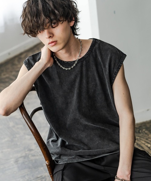 Rocky Monroe(ロッキーモンロー)の「ケミカル加工 コットンノースリーブTシャツ/タンクトップ(タンクトップ・メンズ・ブラック/ホワイト/ブラック系・M/L/XL)」の3枚目の写真