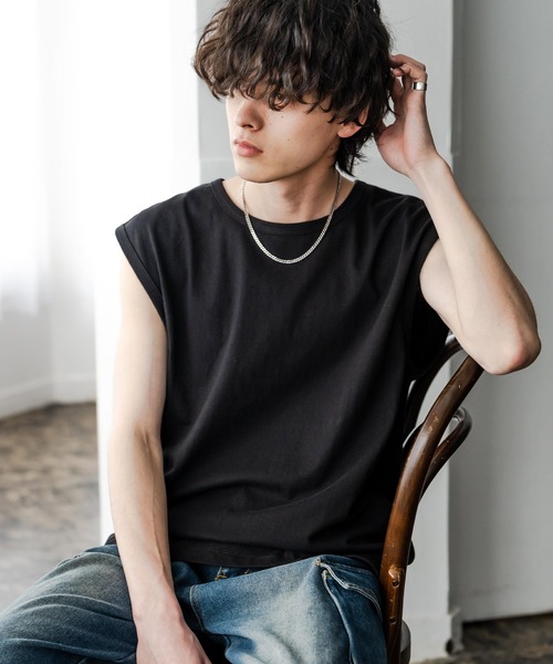 Rocky Monroe(ロッキーモンロー)の「ケミカル加工 コットンノースリーブTシャツ/タンクトップ(タンクトップ・メンズ・ブラック/ホワイト/ブラック系・M/L/XL)」の1枚目の写真