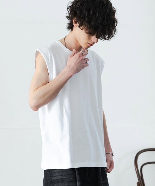 Rocky Monroe(ロッキーモンロー)の「ケミカル加工 コットンノースリーブTシャツ/タンクトップ(タンクトップ・メンズ・ブラック/ホワイト/ブラック系・M/L/XL)」の4枚目の写真