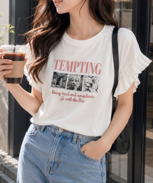 Salong hameu(サロン ハミュー)の「UVカット 接触冷感 袖フリル フロントプリントTシャツ/フレンチスリーブ カットソー(Tシャツ/カットソー・レディース・ホワイト系その他/ブラック/オフホワイト/チャコールグレー・M/L)」の3枚目の写真