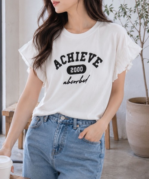 Salong hameu(サロン ハミュー)の「UVカット 接触冷感 袖フリル フロントプリントTシャツ/フレンチスリーブ カットソー(Tシャツ/カットソー・レディース・ホワイト系その他/ブラック/オフホワイト/チャコールグレー・M/L)」の2枚目の写真