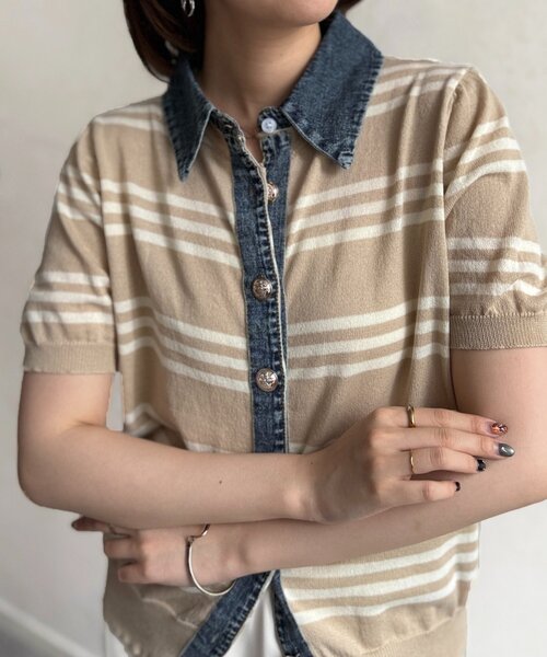 Chez toi（シェトワ）の「デニム切替ボーダーニットシャツ（シャツ/ブラウス・レディース・オフホワイト/チャコールグレー/ベージュ・FREE）」の3枚目の写真