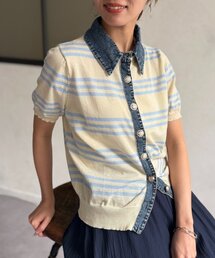 デニム切替ボーダーニットシャツ