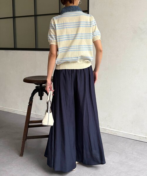 Chez toi（シェトワ）の「デニム切替ボーダーニットシャツ（シャツ/ブラウス・レディース・オフホワイト/チャコールグレー/ベージュ・FREE）」の5枚目の写真