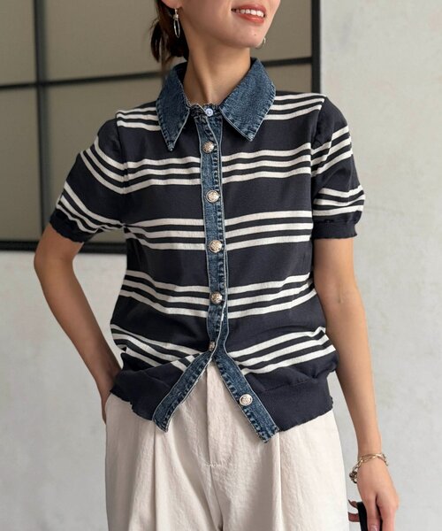 Chez toi（シェトワ）の「デニム切替ボーダーニットシャツ（シャツ/ブラウス・レディース・オフホワイト/チャコールグレー/ベージュ・FREE）」の6枚目の写真