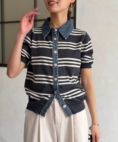 Chez toi（シェトワ）の「デニム切替ボーダーニットシャツ（シャツ/ブラウス・レディース・オフホワイト/チャコールグレー/ベージュ・FREE）」の7枚目の写真