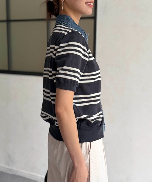 Chez toi（シェトワ）の「デニム切替ボーダーニットシャツ（シャツ/ブラウス・レディース・オフホワイト/チャコールグレー/ベージュ・FREE）」の8枚目の写真