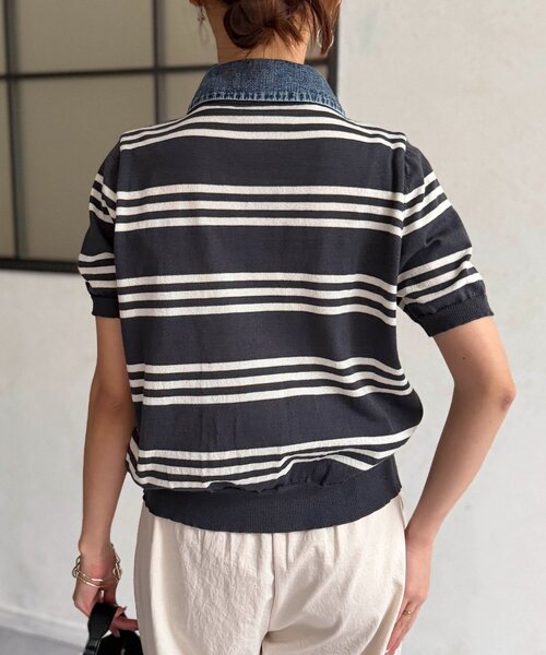 Chez toi（シェトワ）の「デニム切替ボーダーニットシャツ（シャツ/ブラウス・レディース・オフホワイト/チャコールグレー/ベージュ・FREE）」の9枚目の写真