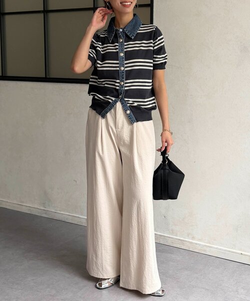 Chez toi（シェトワ）の「デニム切替ボーダーニットシャツ（シャツ/ブラウス・レディース・オフホワイト/チャコールグレー/ベージュ・FREE）」の11枚目の写真
