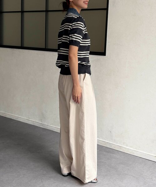 Chez toi（シェトワ）の「デニム切替ボーダーニットシャツ（シャツ/ブラウス・レディース・オフホワイト/チャコールグレー/ベージュ・FREE）」の12枚目の写真