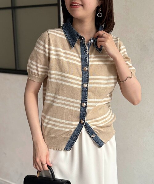 Chez toi（シェトワ）の「デニム切替ボーダーニットシャツ（シャツ/ブラウス・レディース・オフホワイト/チャコールグレー/ベージュ・FREE）」の14枚目の写真