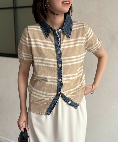 Chez toi（シェトワ）の「デニム切替ボーダーニットシャツ（シャツ/ブラウス・レディース・オフホワイト/チャコールグレー/ベージュ・FREE）」の15枚目の写真