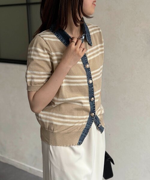 Chez toi（シェトワ）の「デニム切替ボーダーニットシャツ（シャツ/ブラウス・レディース・オフホワイト/チャコールグレー/ベージュ・FREE）」の16枚目の写真