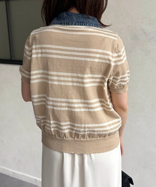 Chez toi（シェトワ）の「デニム切替ボーダーニットシャツ（シャツ/ブラウス・レディース・オフホワイト/チャコールグレー/ベージュ・FREE）」の17枚目の写真