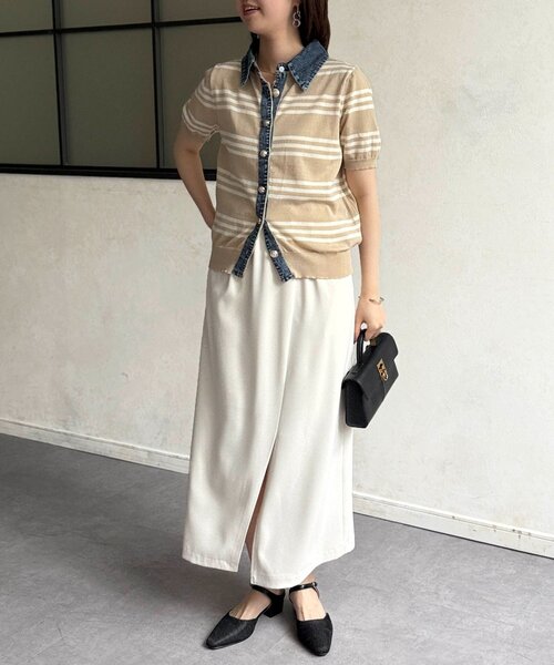 Chez toi（シェトワ）の「デニム切替ボーダーニットシャツ（シャツ/ブラウス・レディース・オフホワイト/チャコールグレー/ベージュ・FREE）」の18枚目の写真