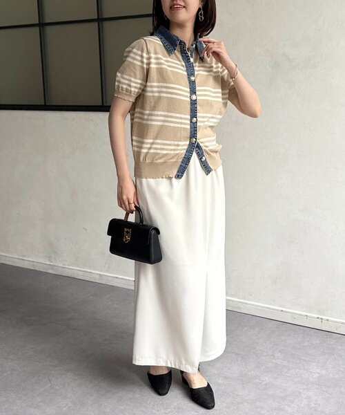 Chez toi（シェトワ）の「デニム切替ボーダーニットシャツ（シャツ/ブラウス・レディース・オフホワイト/チャコールグレー/ベージュ・FREE）」の19枚目の写真